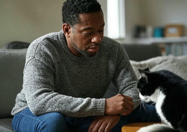 A pet owner sitting on the sofa with his cat